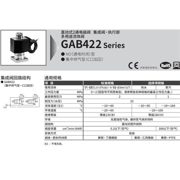 CKD喜開(kāi)理多種流體直動(dòng)式2通電磁集成閥GAB422N-1-0-AC100V