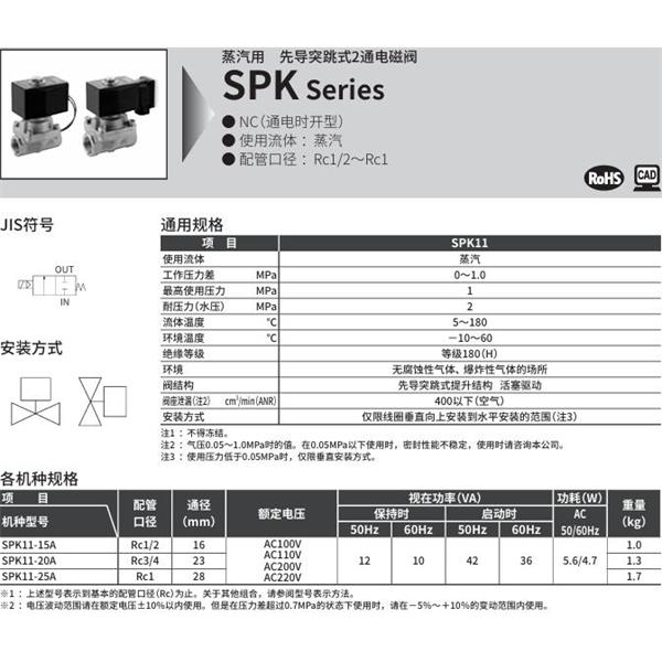 CKD喜開理蒸汽用先導突跳式2通電磁閥SPK11-20A-K4A-AC100V