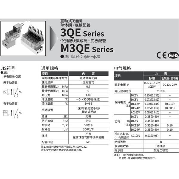 CKD喜開理直動式3通電磁閥M3QE180-M5-E0A-2-1