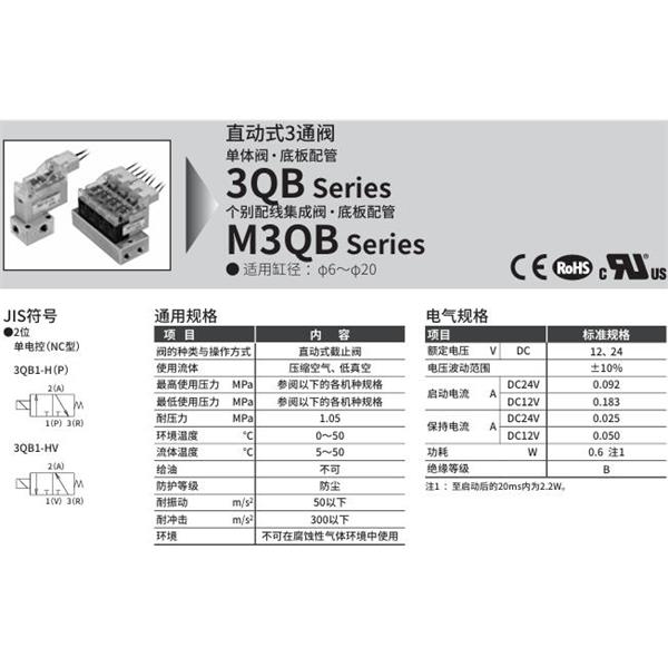 CKD喜開理直動式3通電磁閥3QB119-M5-D3HV-4
