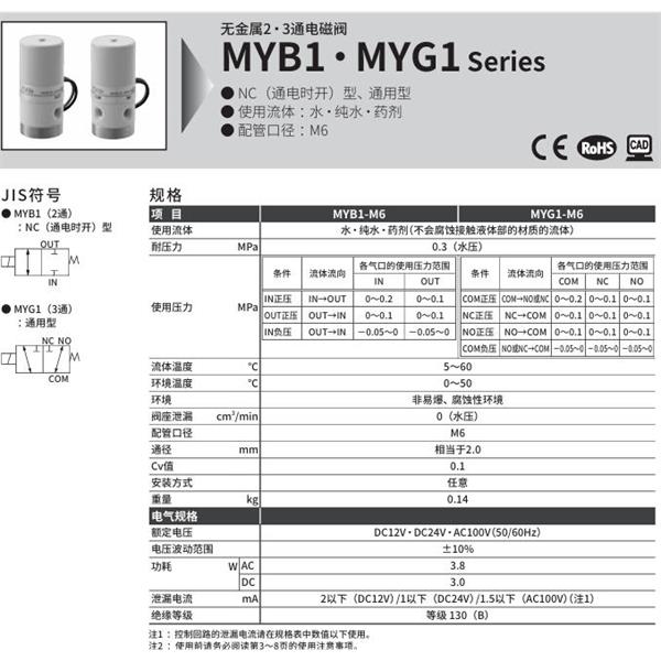 CKD喜開理無金屬2?3通電磁閥MYG2-6-DC24V