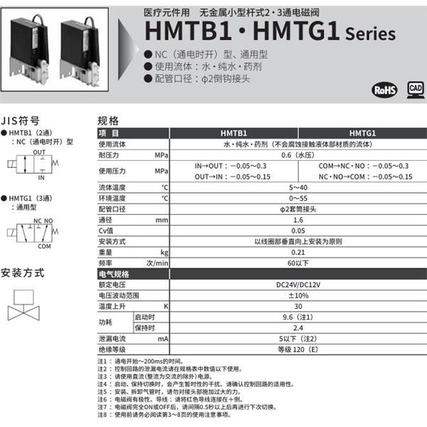 CKD喜開理醫(yī)療儀器用無金屬小型桿式2?3通電磁閥HMTB1-2TN-PF-DC24V