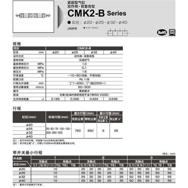 CKD喜開理緊固型氣缸CMK2-B-FA-20-25-T0H-R-25-T0H-R-JI