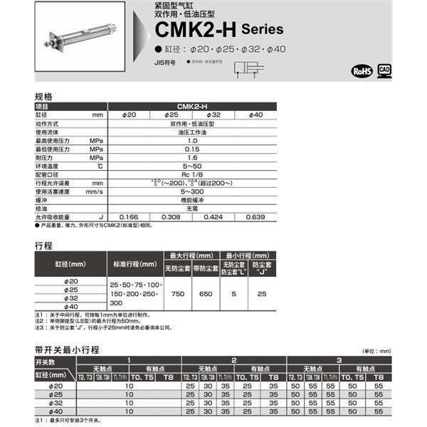 CKD喜開理緊固型氣缸CMK2-H-CA-32-100-JI