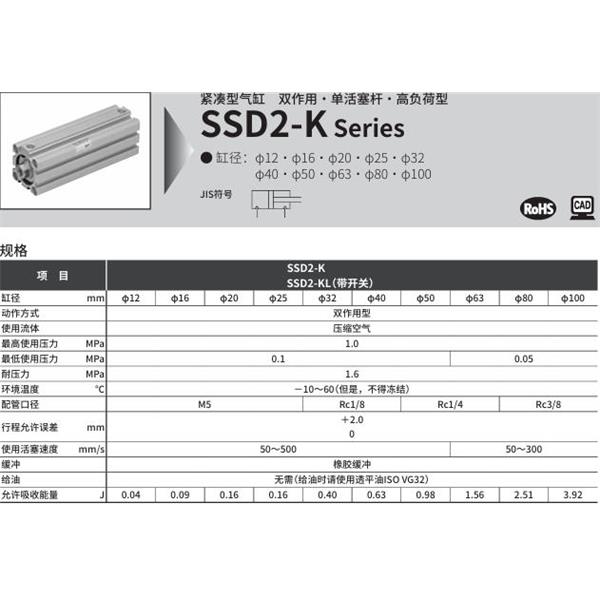 CKD喜開理緊湊型氣缸SSD2-K-16-10-N-LB-I