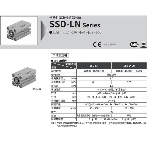 CKD喜開理扁平緊湊型氣缸SSD-LN-1230-10VC125LDSDN